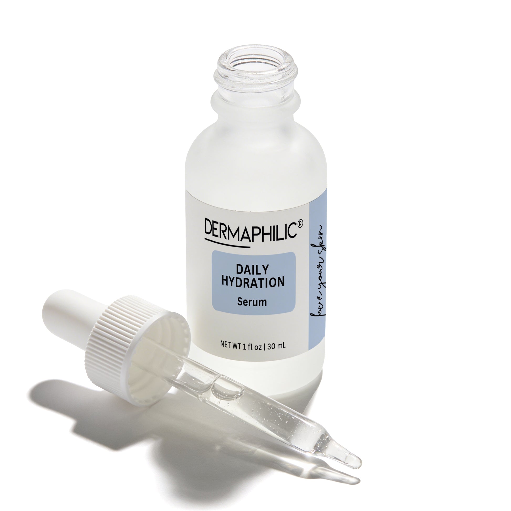 Frosted glass bottle labeled 'Dermaphilic Daily Hydration Serum' with dropper on side of bottle filled with translucent serum on a white background
