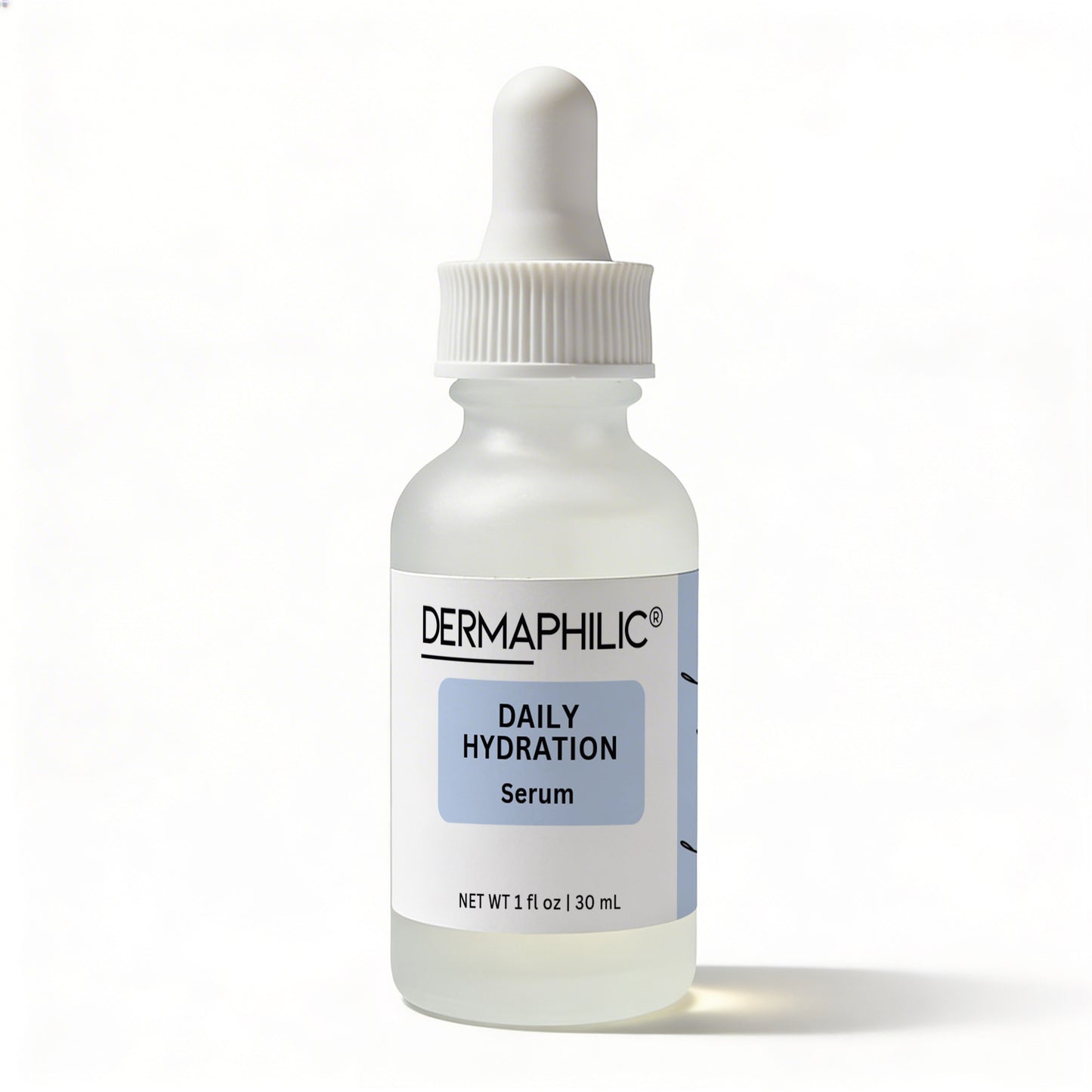 Frosted glass bottle with dropper labeled 'Dermaphilic Daily Hydration Serum' on a white background