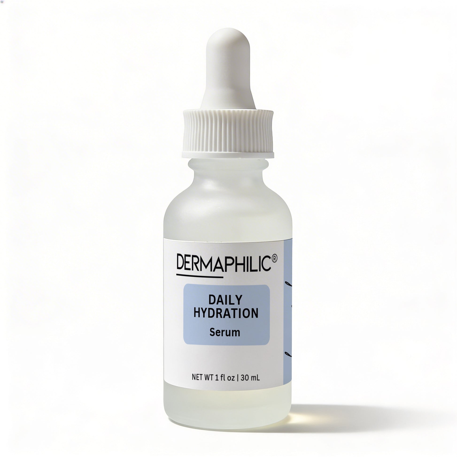 Frosted glass bottle with dropper labeled 'Dermaphilic Daily Hydration Serum' on a white background