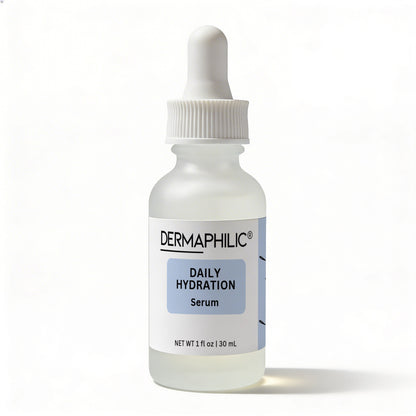 Frosted glass bottle with dropper labeled 'Dermaphilic Daily Hydration Serum' on a white background