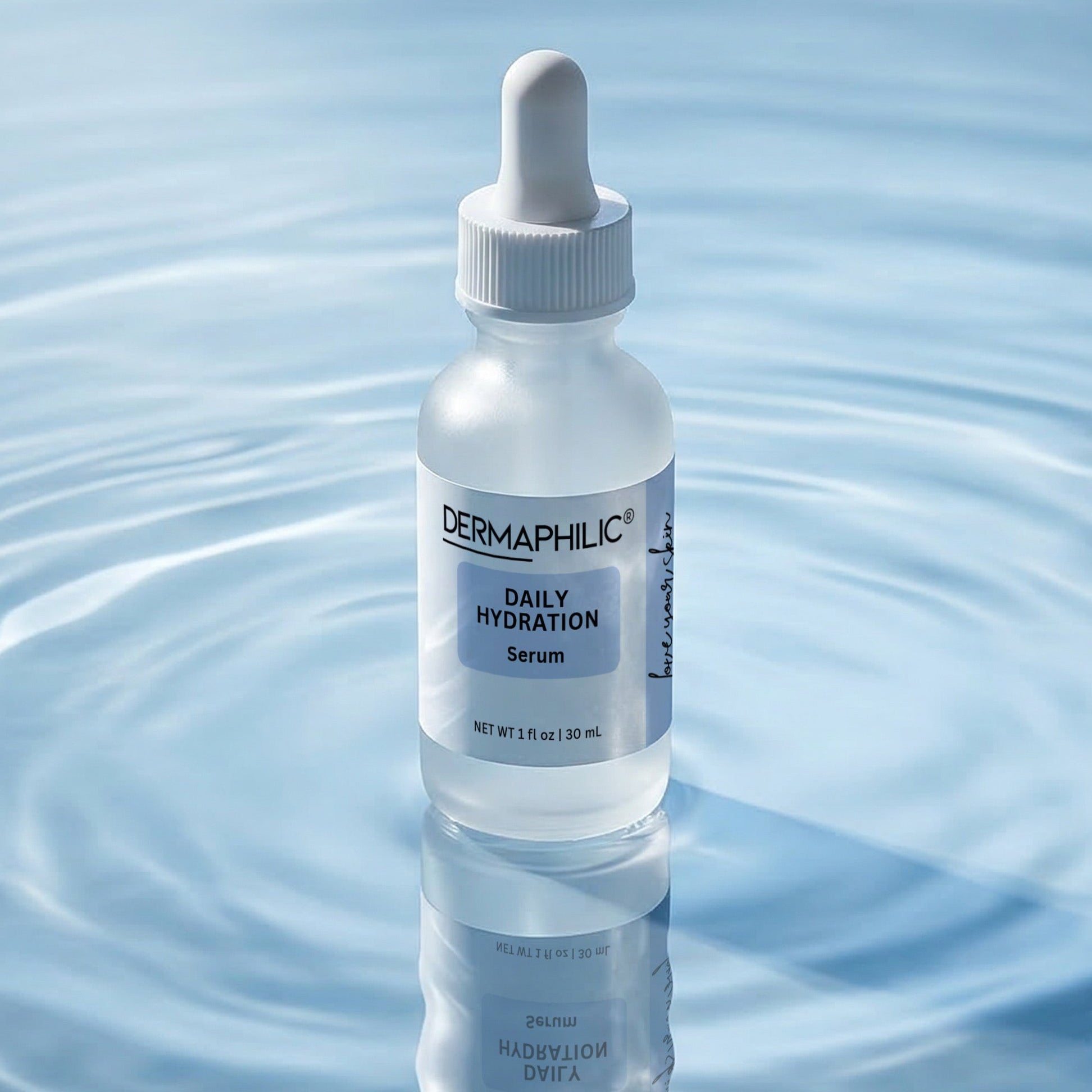 Frosted glass bottle with dropper labeled 'Dermaphilic Daily Hydration Serum' sitting in puddle of water.