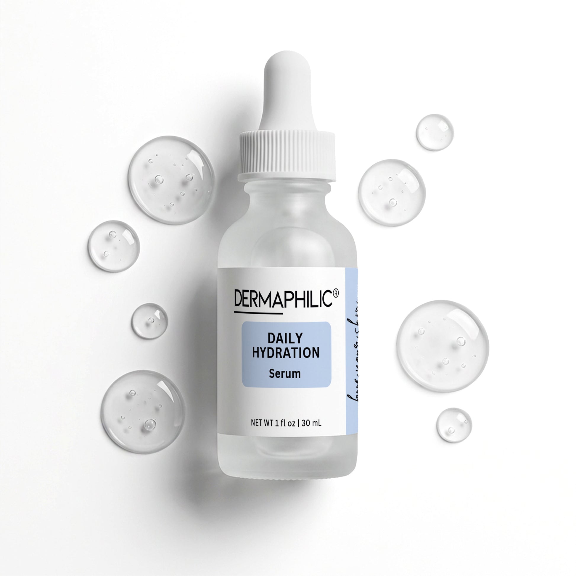 Frosted glass bottle with dropper labeled 'Dermaphilic Daily Hydration Serum'  and drops of serum beside bottle on a white background 