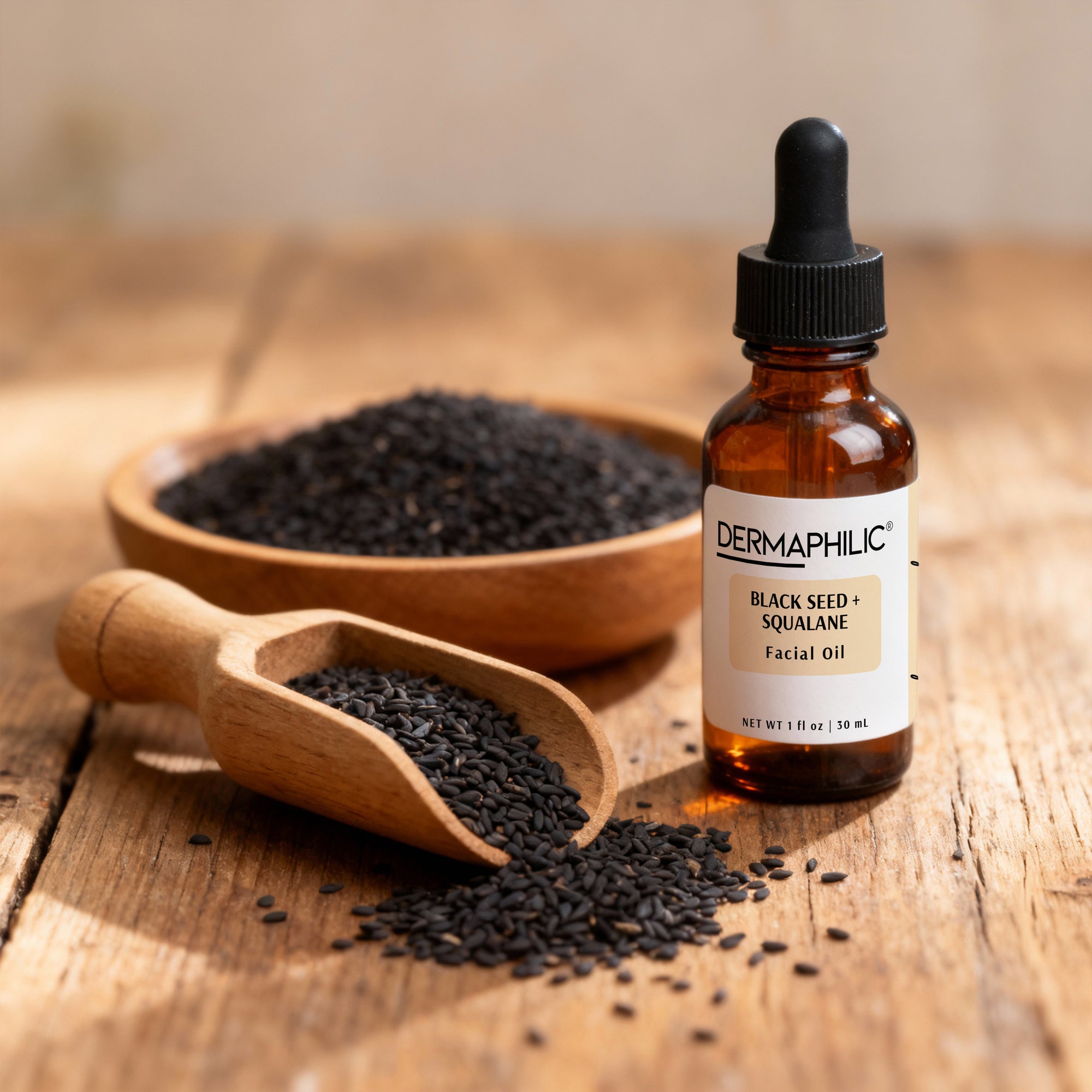 Amber glass bottle with dropper labeled 'Dermaphilic Black Seed + Squalane Facial Oil' with wooden bowl and scoop filled with black seeds on wood countertop.